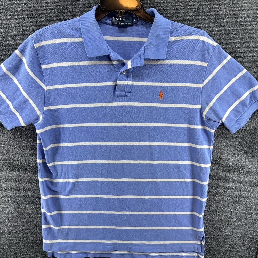 Polo Ralph Lauren Shirt Mens Large Blue White Striped Collared Short Sleeve Polo